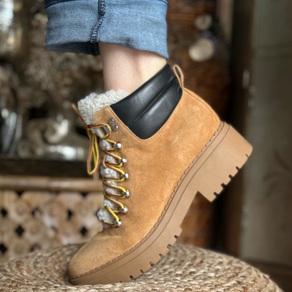 MARC FISHER lesther Tan and Black Suede Platform Boots